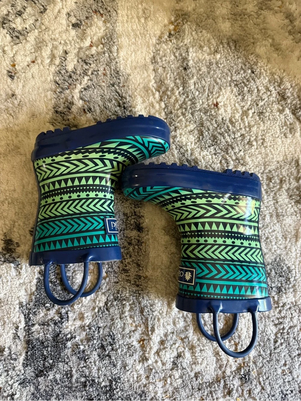 Oaki Kids Green & Teal Geometric Rain Boots with Pull Handles